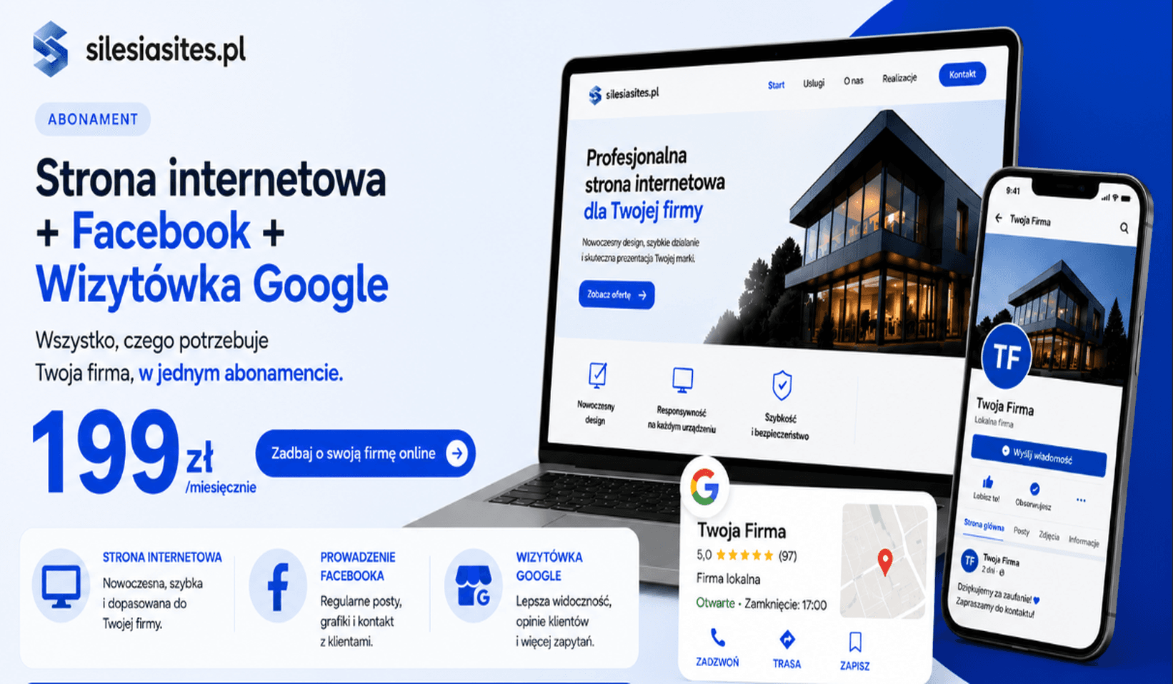 Nowoczesna strona internetowa wyświetlona na laptopie